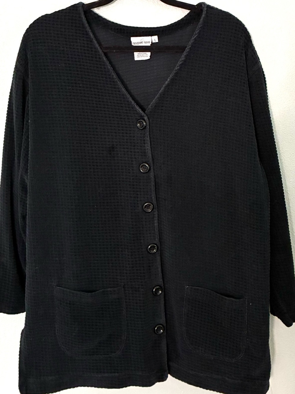 Newport News Black Waffle Knit Cardigan Women’s L Button Front Oversized Layer